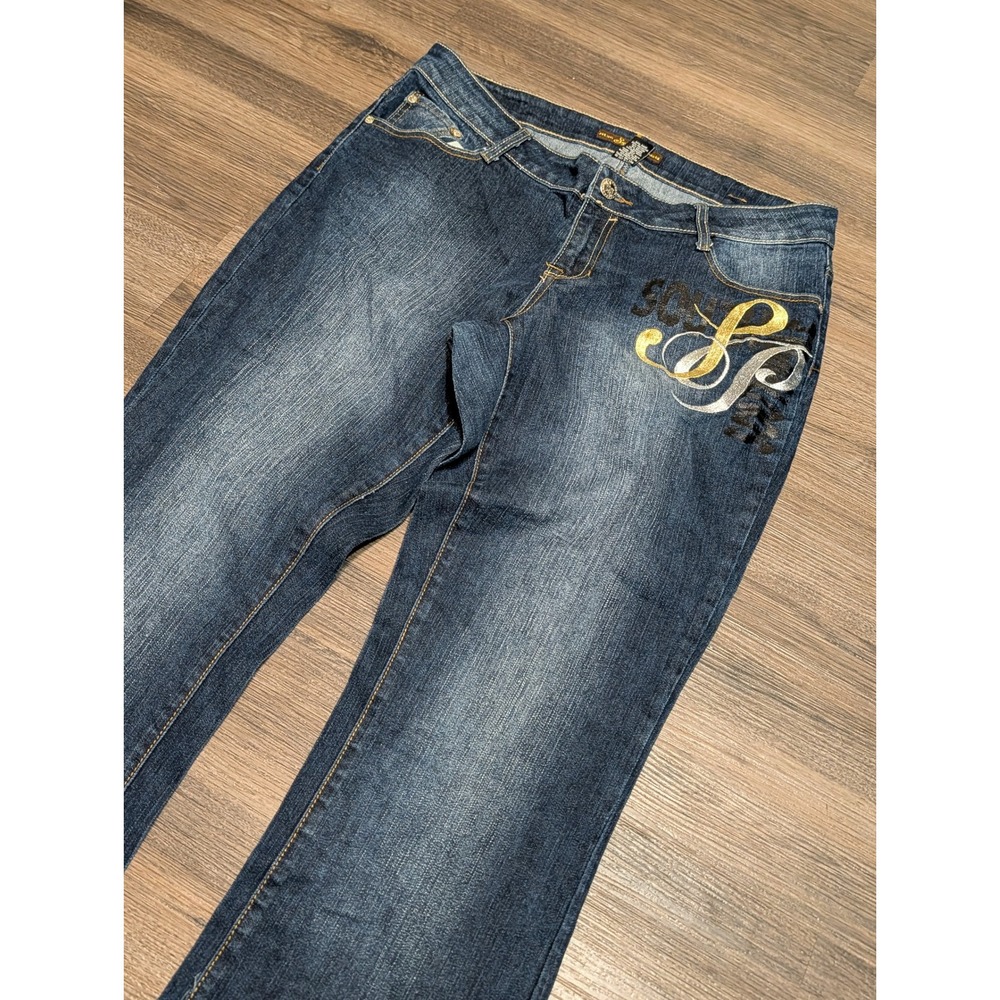 Southpole Flare Jeans Womens 16 Dark Wash Metallic Embroidered Wide Leg‎ Y2K